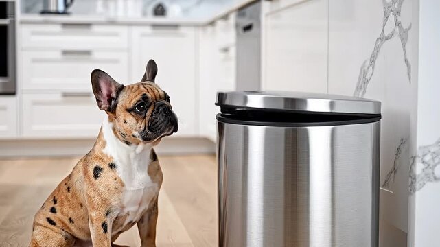 Curious French Bulldog Sniffs Open Bin In Bright Modern Kitchen, Stainless Steel Trash Can With Lifted Lid, Warm Hardwood Floor, Attentive Brindle