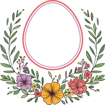 Oval floral frame with leaves and flowers decorative botanical wreath border illustration