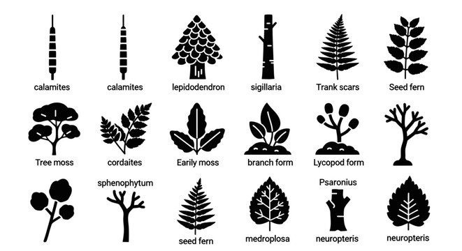 Collection of Various Black Silhouette Plant Icons.