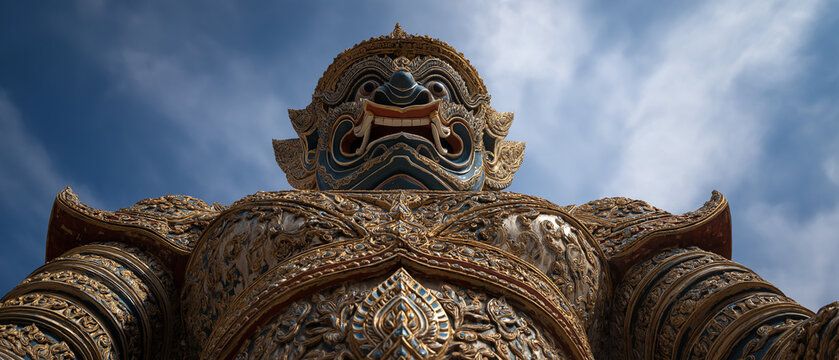 AI generator images of  exquisite craftsmanship of Thai and Southeast Asian wood and stucco carvings features a blend of faces depicting giants, Nagas (serpent deities), and Hanuman.