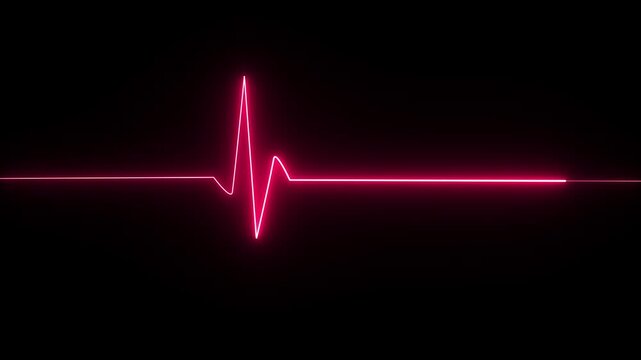 Neon ecg line animation video on black background. Heart beat. Electrocardiogram. One pulse line. ECG heartbeat monitor, ECG monitor, Heart beating and pumping, medical abstract animation. Heart beati