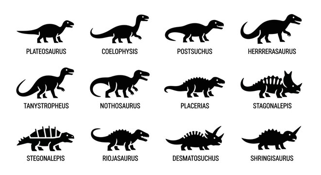 Dinosaur Silhouettes with Scientific Names Listed.
