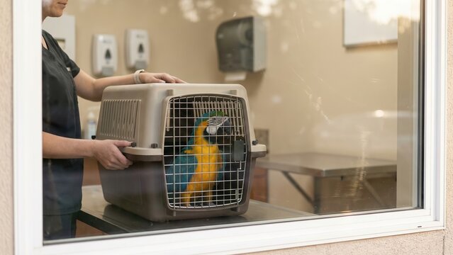 Veterinarian placing a blue and yellow macaw in a pet carrier in a veterinary clinic, exotic animal care, avian health, veterinary service, pet safety.