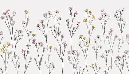Seamless pattern of simple wildflowers with long stems and delicate petals on a light background. Minimalistic, hand-drawn, soft pastel colors for a gentle and airy look.