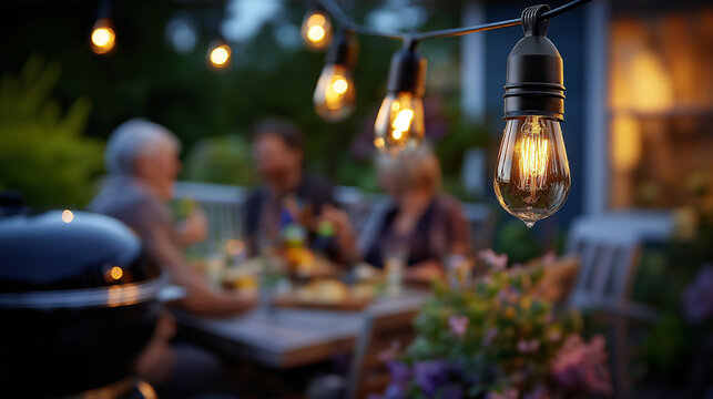 Faceless friends gathering for cozy backyard barbecue party under warm string lights at dusk outdoor entertaining on wooden deck evening celebration with grill social gathering
