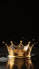 Golden crown formed by a liquid splash and droplets, symbolizing royalty and prestige on a dark, rippling surface