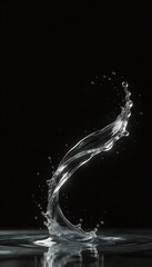 An elegant, twisting water splash with many tiny droplets, captured in a dynamic fluid sculpture against a dark, reflective surface