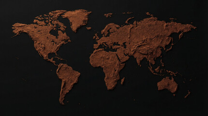 Intricate world map artfully crafted from dark, finely ground coffee beans, symbolizing global coffee culture and origins on a minimalist black background.