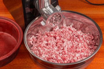Ground pork in stainless steel bowl against electric meat grinder