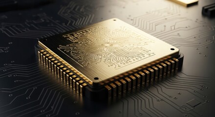 Close up of a computer processor or microchip on a dark surface