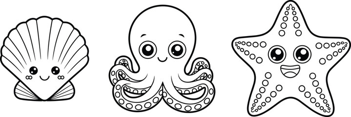 Cute sea animals shell octopus and starfish, black and white cartoon coloring page illustration for kids © Jisan World