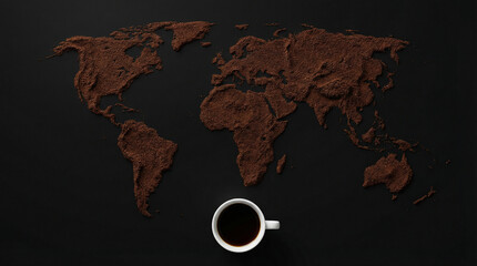 Creative world map sculpted from ground coffee, featuring a pristine white coffee cup positioned below, illustrating global coffee consumption and morning rituals.