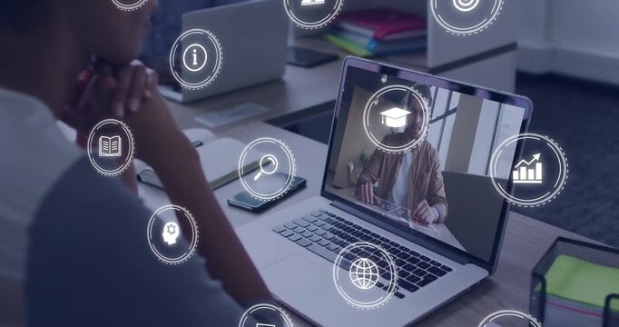 Woman joining remote call, colleague on laptop sparking floating icons over desk for business