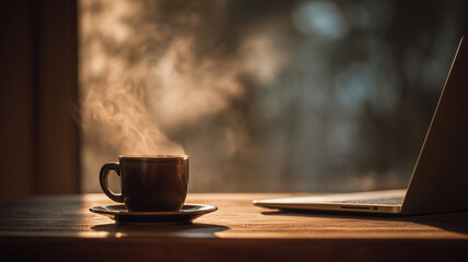 Steaming Coffee Cup And Laptop On Wooden Table Background
