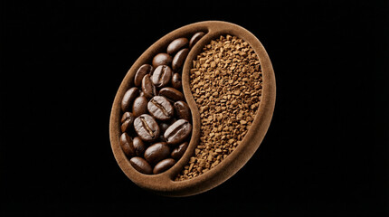 Symbolic yin-yang composition contrasting whole roasted coffee beans with instant coffee granules in a textured brown dish, highlighting coffee variety on black.