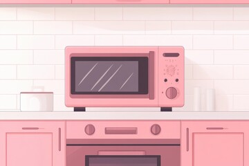Stylized Pink Microwave Oven in Modern Kitchen Flat Design