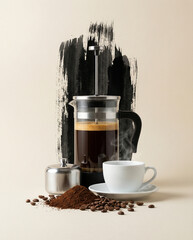Elegant still life of a steaming French press coffee maker, a clean white cup, sugar bowl, roasted beans, and ground coffee, set against a modern black brushstroke graphic on a light background.