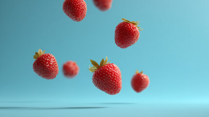 Floating Strawberry On Blue Background Minimal Food Concept
