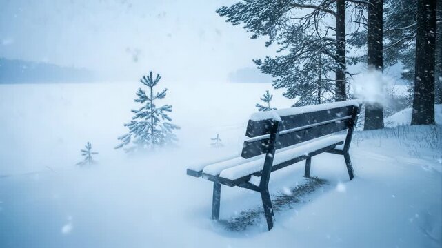 Snowy wooden bench overlooking a frozen misty lake in a winter landscape