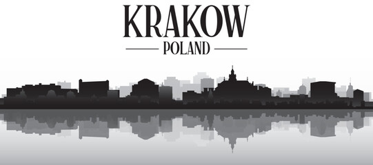 Obraz premium Black and white panoramic poster of the city skyline with misty background buildings and water reflection of KRAKOW, POLAND