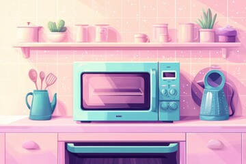 Stylized Pastel Microwave Oven in a Cozy Kitchen