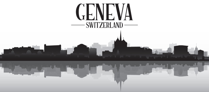 Black and white panoramic poster of the city skyline with misty background buildings and water reflection of GENEVA, SWITZERLAND