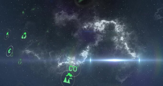 Green energy icons entering sides lens flare sweeping icons orbiting forming cluster around nebula
