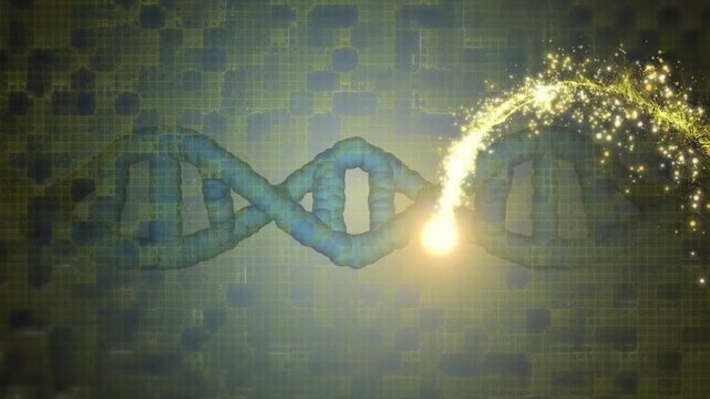Blue helix being activated as golden orb entering spiraling depositing sparks to highlight contours