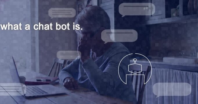 Senior woman leaning removing glasses to read laptop-triggered chat bubbles about tech chatbots