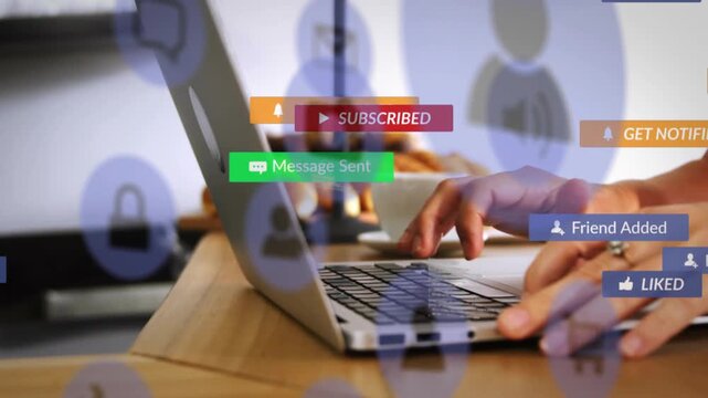 Icons drifting into frame, hands typing, clicking subscribe on silver laptop, alerts building reach