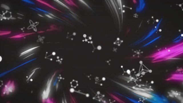 Magenta blue streaks entering frame, rising and sweeping, pulling molecules out to show radial spin