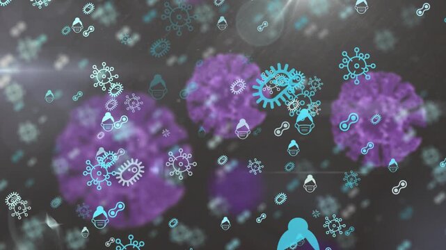 Lens-flare starting, purple spheres drifting while cyan icons clustering, showing pathogen spread