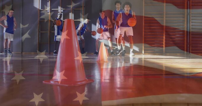 Team stepping forward starting sports drill, training dribbling around cones, flag overlaying court