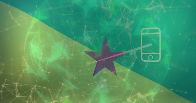 Phone emerging, causing purple five-point star pulsing, icons orbiting, linking, showing network