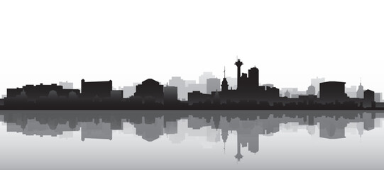 Obraz premium Black and white panoramic poster of the city skyline with misty background buildings and water reflection of ISTANBUL, TURKEY