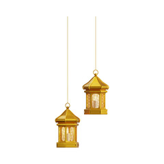 Obraz premium Golden Lanterns Hanging from Strings on White Background