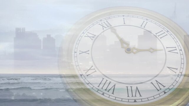 Clock starting, ornate hands advancing clockwise over thin dial above sea, linking time to skyline
