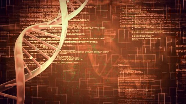 On load left DNA helix rotating, shifting, code blocks scrolling and brightening, visualizing genes