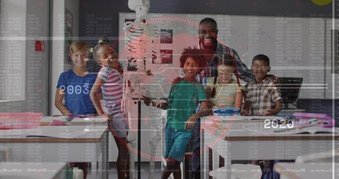 Playback starting, teacher behind 5 kids posing with skeleton in class, HUD years sweeping timeline