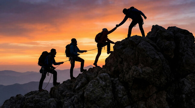 A team of climbers silhouetted against a vibrant sunset sky helping each other ascend a rugged mountain peak symbolizing collaboration and success