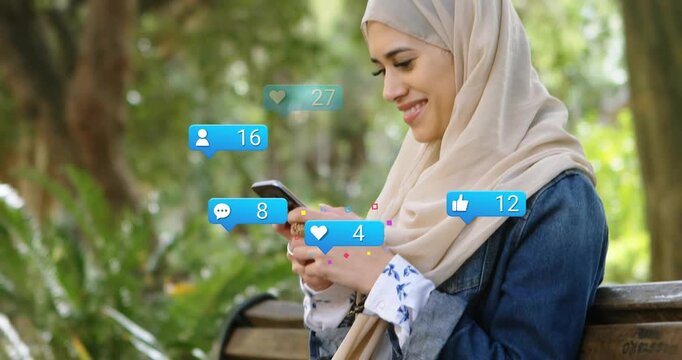 Woman tapping phone in park, starting bubbles growing and increasing social media likes, smiling