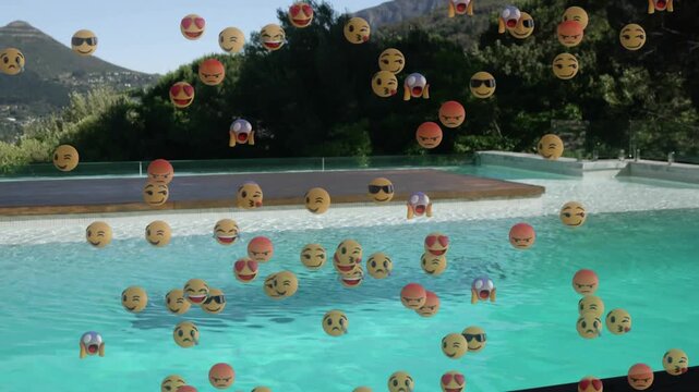 Emoji spheres appearing near pool edge, rising, spreading and forming dense field over blue pool