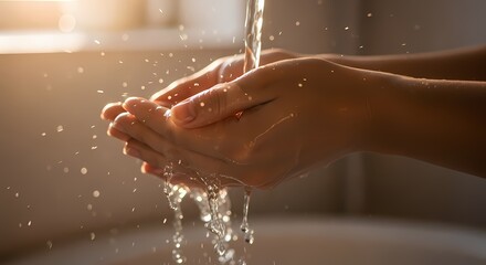 Fototapeta premium Person washing hands under running water in a bathroom.