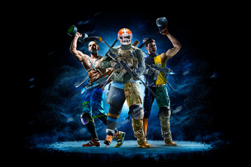 Fototapeta premium Multi-sport collage depicting various sports and hobbies. Athletes on a beautiful black background with a flash of light behind them. Isolated on a black background. A joyful collage of several sports