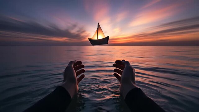 Ethereal glowing paper boat floating over hands in the ocean at sunset