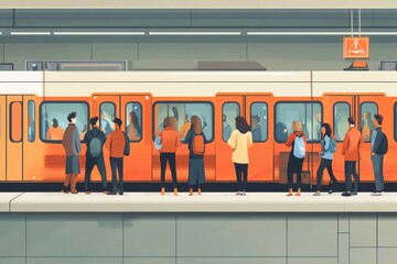 Stylized Illustration of Commuters Waiting for a Vibrant Subway Train