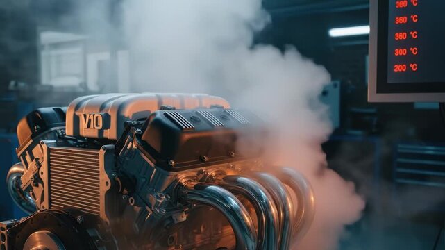 Powerful V10 car engine smoking during performance testing in laboratory