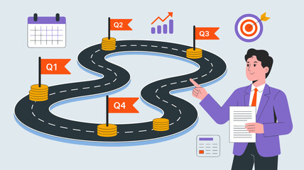 Businessman presenting financial roadmap with quarterly milestones and growth targets vector illustration
