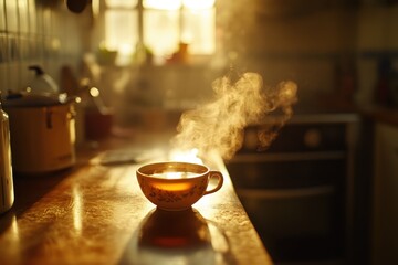 Steaming cup of tea on a kitchen counter with warm backlight