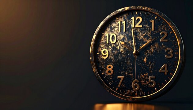 Vintage gold clock face with distressed texture showing 10:10 on dark background